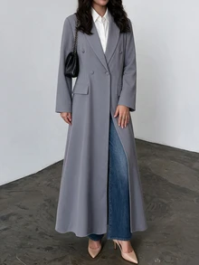 Yasveil Women Medium Grey Notched Lapel Double Breasted Fitted Waist Long Abaya Modest Muslim Dress Middle East Dubai Fall Office Elegant Robe - Grey - View 9