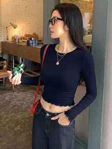 DAZY 女款露肩方領修身長袖極簡性感休閒內搭套頭優雅T恤 - 藏蓝色 - 查看 3