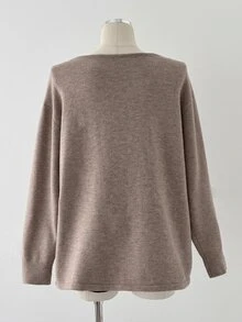 Sunspun Women Plus Size Casual Boat Neck Khaki Long Sleeve Drop Shoulder Pullover Sweater - Khaki - View 2