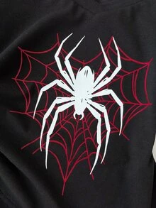 SHEIN Tween Girl Tween Girls Black Heart Web Spider Graphic Boat Neck Raglan Three Quarter Sleeve Slim Fit T-Shirt Cool Halloween Fall Winter Top - Black - View 3