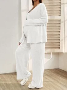 SHEIN 孕婦純色單排扣長袖上衣與休閒寬鬆寬腿褲 2件套 - 白色 - 查看 4