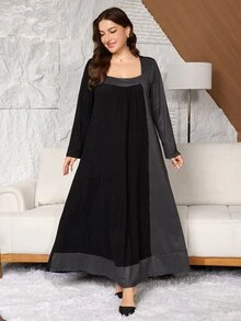 Lacomfia 女款方領長袖波點拼接休閒舒適居家服秋冬大尺碼洋裝 - 黑與白 - 查看 7