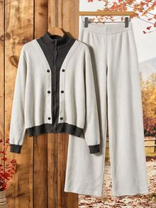 Rusticease Women's 2pcs Set Zipper Button Long Sleeve Two-Tone Sweater & Straight Leg Pants - Multicolor - View 1