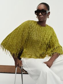 Aveloria Modichic Women's Blouse Slim Fit Flare Sleeve Fringe Textured Button Front Round Neck Modern Green Blouses For Women Green Top Fringe Top Fall Tops - Green - View 7