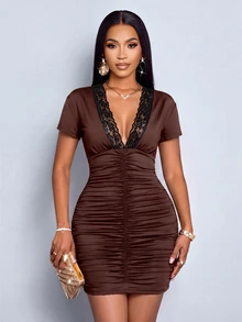 SOLERSUN Sexy Elegant Party Lace V-Neck Fitted Bodycon Mini Skirt For Women Spring Summer (Random Lace Trim) - Brown - View 8