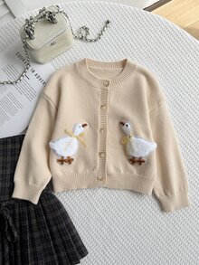 SHEIN Vintaside Kids 女童粉色圓領針織開襟毛衣，柔軟田園風，3D毛巾繡花蝴蝶結，可愛甜美卡通休閒款，適合秋冬外出、旅行、玩耍與戶外遠足 - 黃色 - 查看 3