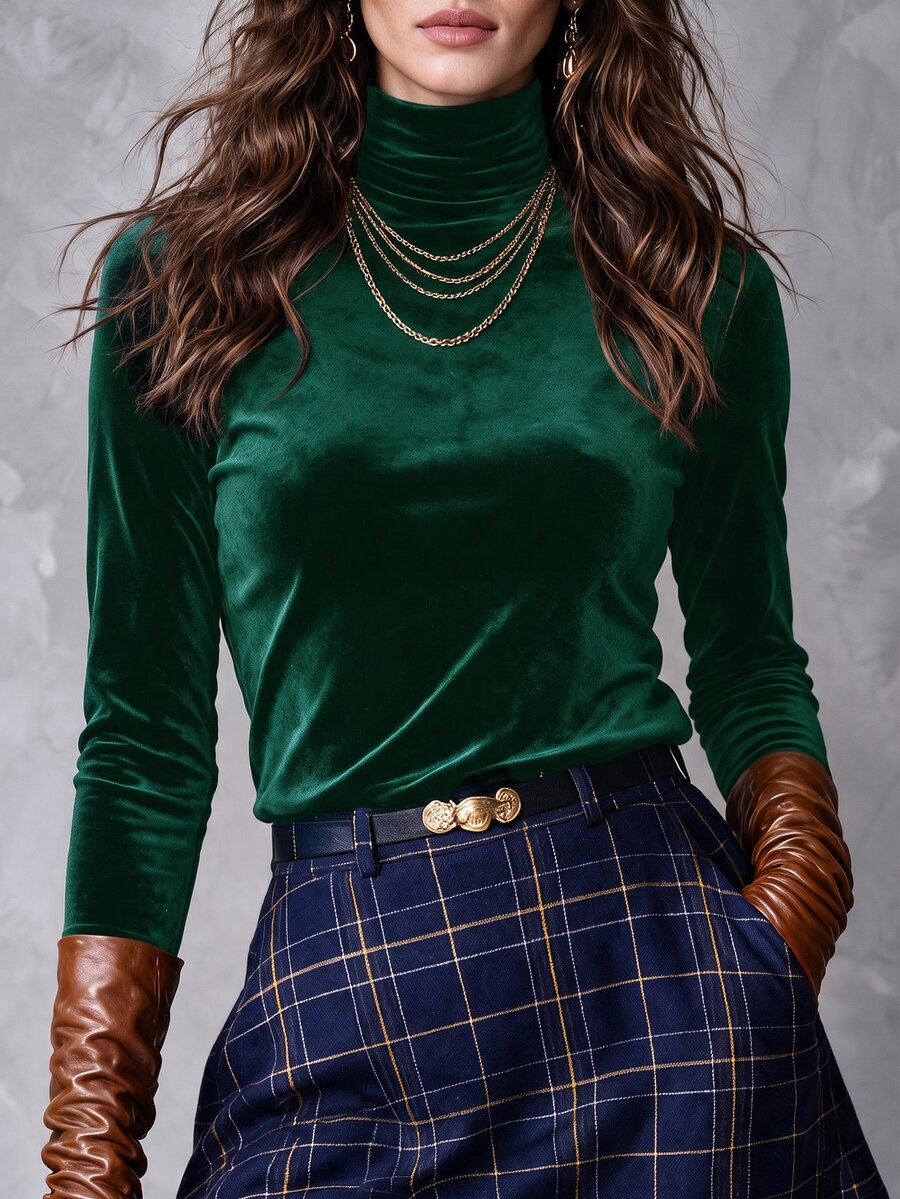 Solivie Kaos Lengan Panjang Beludru Wanita untuk Musim Gugur, Lapisan Dasar Beludru - Dark Green - View 1