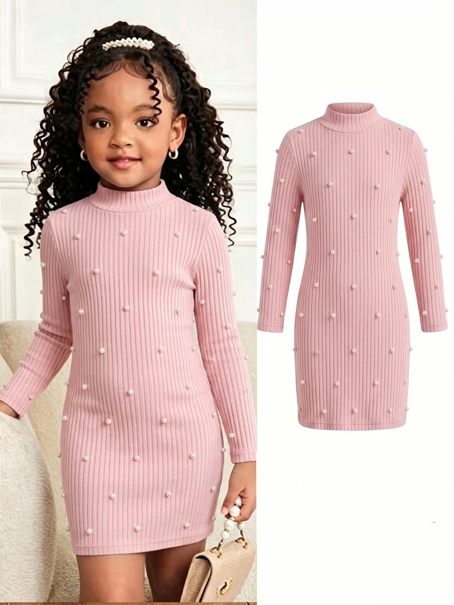 Young Girl Pink Rib-Knit Beaded Pearl Dress Autumn Winter Mock Neck Long Sleeve Sweater Dresses - Pink - View 1