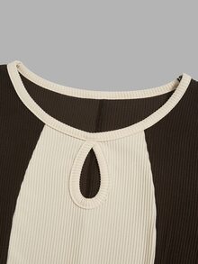 Elenzga Mature Style Slimming Ceiling Coffee & Beige Contrast Vertical Ribbed Fitted Dress, Vintage Hollow Neckline Mermaid Tail Dress - Multicolor - View 3