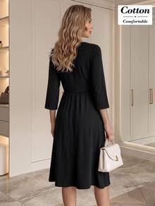 Medorina Women's Solid Color Round Neck 3/4 Sleeve Elegant Mid-Length Dress - Black - View 2