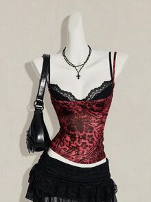 SHEIN ICON 女款豹紋透視細肩帶背心與黑色蕾絲細肩帶內衣兩件套 - 紅色和黑色 - 查看 1