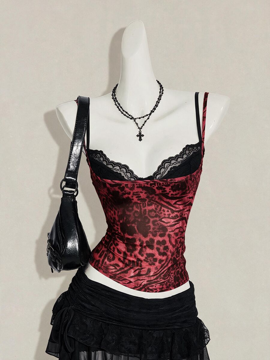 SHEIN ICON 女款豹紋透視細肩帶背心與黑色蕾絲細肩帶內衣兩件套 - 紅色和黑色 - 查看 1