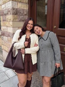 SHEIN CURVE+ Cardigan Rajut Wanita Ukuran Plus dengan Blok Warna dan Hem Melengkung - Aprikot - View 5