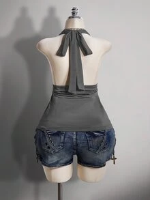 SHEIN ICON 大尺碼掛脖深V領收腰A字露背灰色背心，復古性感優雅Y2K娃娃裝，適合外出夜店夏季穿搭 - 灰色 - 查看 2