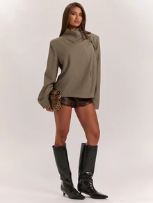 SHEIN BAE Jaket Kasual Wanita Warna Polos Lengan Panjang Desain Tumpang Tindih dengan Dekorasi Kancing - Mocha Brown - View 4