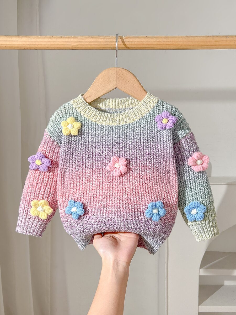 SHEIN Baby Girl Cute 3D Floral Gradient Colorful Pullover Sweater,Suitable For Autumn And Winter - Multicolor - View 1