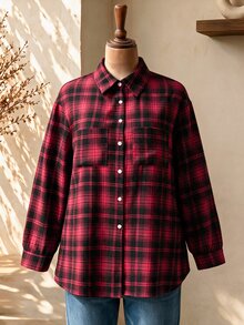 Rusticease Plus Size Women Plaid Casual Versatile Daily Wear Shirt - Red - View 3