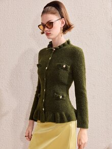 Barévion Women's Jacket Slim Waisted Peplum Tweed Texture Metal Buttons Ruffle Neck Elegant Olive Green Solid Fall Clothes For Women Christmas - Green - View 6