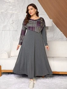 Lacomfia Women's Elegant Minimalist Fashion Printed Ruched Neck Versatile Fit Long Sleeve Plus Size Dress - Grey - View 1