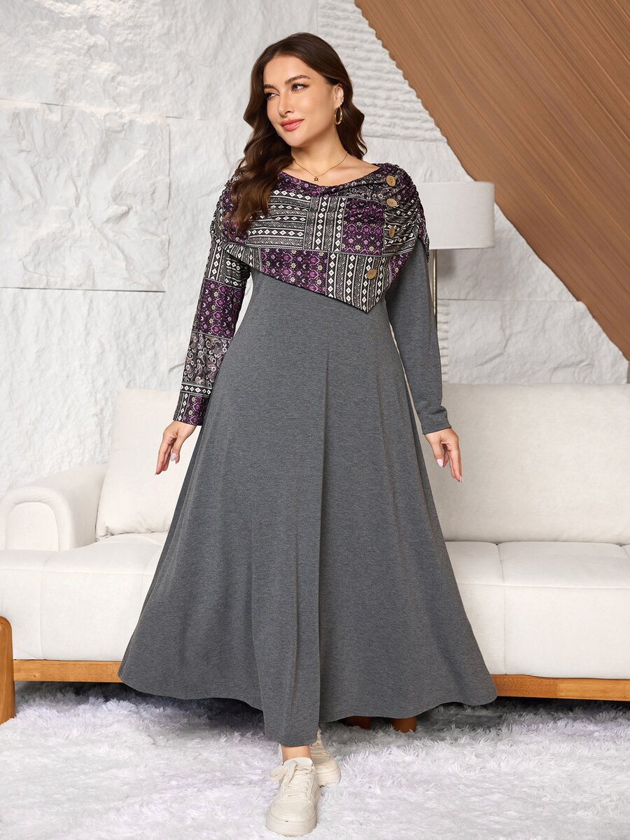 Lacomfia Women's Elegant Minimalist Fashion Printed Ruched Neck Versatile Fit Long Sleeve Plus Size Dress - Grey - View 1