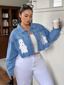 Rivivi Jaket Denim Pendek Wanita Plus Size dengan Bordir Aplikasi - Medium Wash - View 3