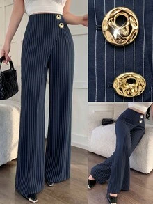 Modelyn Commuter Elegant Striped Criss-Cross Design Metal Button Decor Wide Leg Long Pants - Navy Blue - View 7