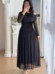 Modelyn Women's Asymmetric Shoulder Long Sleeve Ruched Waist Design Embroidered Mesh High Elastic Pleated Elegant Party Plus Size Dress - Black - View 7