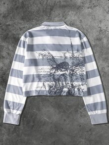 ROMWE MEN Street Life Spring Casual Pattern Men's Half-Zip Long Sleeve Angel Stripe Fashion Print Pullover Sweatshirt, Y2K - Grey - View 2