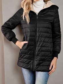 Aveloria Modichic Women's Solid Color Long Sleeve Zipper Hooded Fleece Casual Padded Padded Coat For Winter Clothes  - Black - View 4