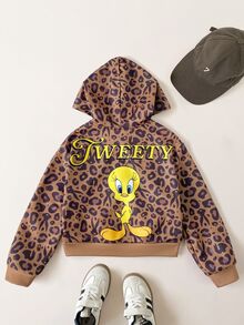 LOONEY TUNES X SHEIN 1件少女休閒運動學院風多功能棕色復古卡通豹紋寬鬆針織長袖連帽開襟衛衣 Y2K，適合日常穿著、秋冬、室內、運動、攝影、假期、生日 - 棕色 - 查看 1