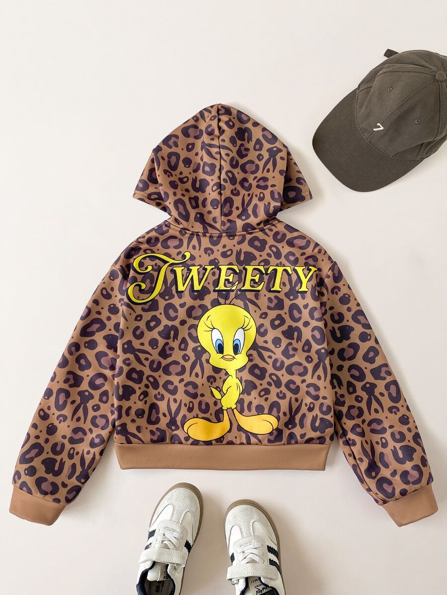LOONEY TUNES X SHEIN 1件少女休閒運動學院風多功能棕色復古卡通豹紋寬鬆針織長袖連帽開襟衛衣 Y2K,適合日常穿著、秋冬、室內、運動、攝影、假期、生日 - 棕色 - 查看 1