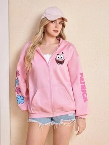 SpongeBob SquarePants | SHEIN Women's Cartoon Pattern Print Zip-Up Sweatshirt With Pockets - Baby Pink - View 1