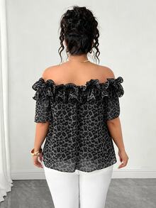Elenzga Elegant Lady Commute Leopard Print Ruffle Trim Ruffle Short Sleeve Chiffon Plus Size Women Blouse Spring Summer Vacation Beach - Grey - View 2
