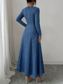 GlowEve Women's Faux Pearl Decor Cinched Waist Long Sleeve Denim Dress - Blue - View 3