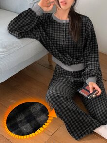 DAZY Women's Plaid Long Sleeve Top And Pants Casual Daily Home Pajama Set - Blue - View 7