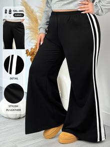 SHEIN CURVE+ Quần ống loe ôm dáng dệt kim gân màu đen cho nữ size lớn, thu đông - màu đen - Xem 1