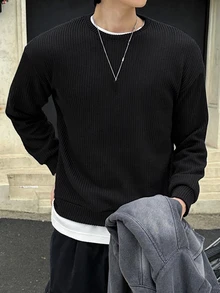 DAZY Spring/Autumn Round Neck Black Ribbed Heavyweight Loose Fit Men's Pullover Sweatshirt - Black - View 1