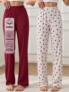 SHEIN قطعتان من سراويل النوم للنساء - عنابي اللون - مشاهدة 1
