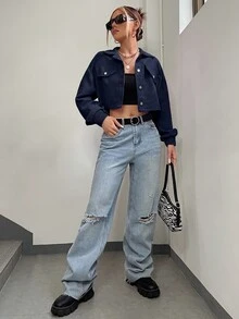 SHEIN EZwear 春秋穿搭落肩翻蓋設計短版燈芯絨夾克 秋冬款 - 藏蓝色 - 查看 5