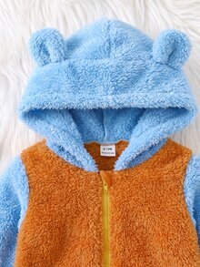 SHEIN 男嬰雙色 3D 耳朵設計連帽法蘭絨秋季連身衣 - 彩色 - 查看 3