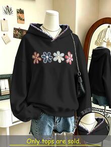 Lalippa Plus Size Women Casual Embroidered Drop Shoulder Long Sleeve Hooded Sweatshirt - Black - View 1