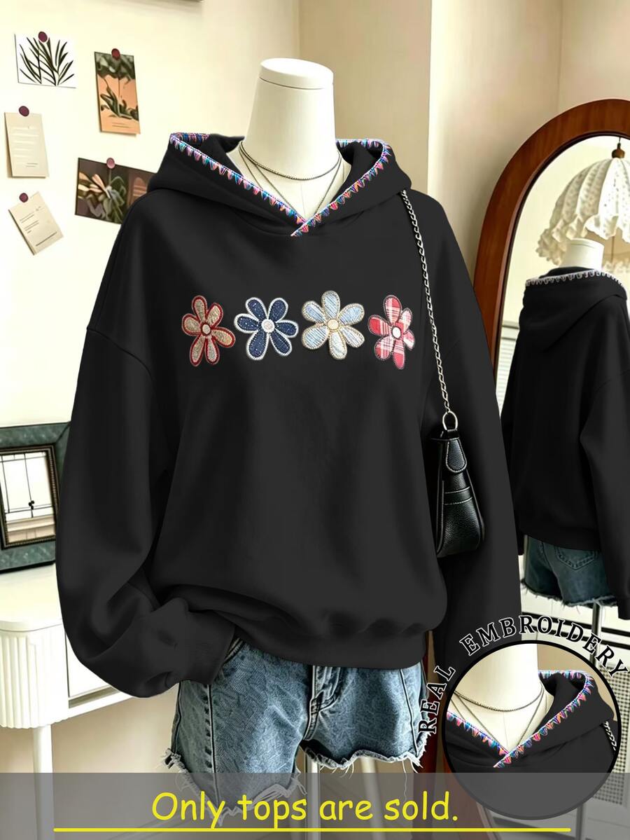 Lalippa Plus Size Women Casual Embroidered Drop Shoulder Long Sleeve Hooded Sweatshirt - Black - View 1