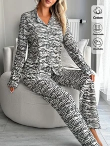 SHEIN Women's Zebra Print Long Sleeve Top And Pants Casual Daily Home Sleepwear Set - Black and White - View 4