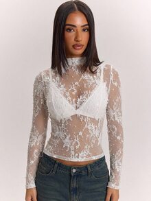 SHEIN BAE جمبسوت نسائي بأكمام طويلة مزين بالدانتيل المحبوك بلون أبيض سادة للخريف والشتاء - أبيض - مشاهدة 4