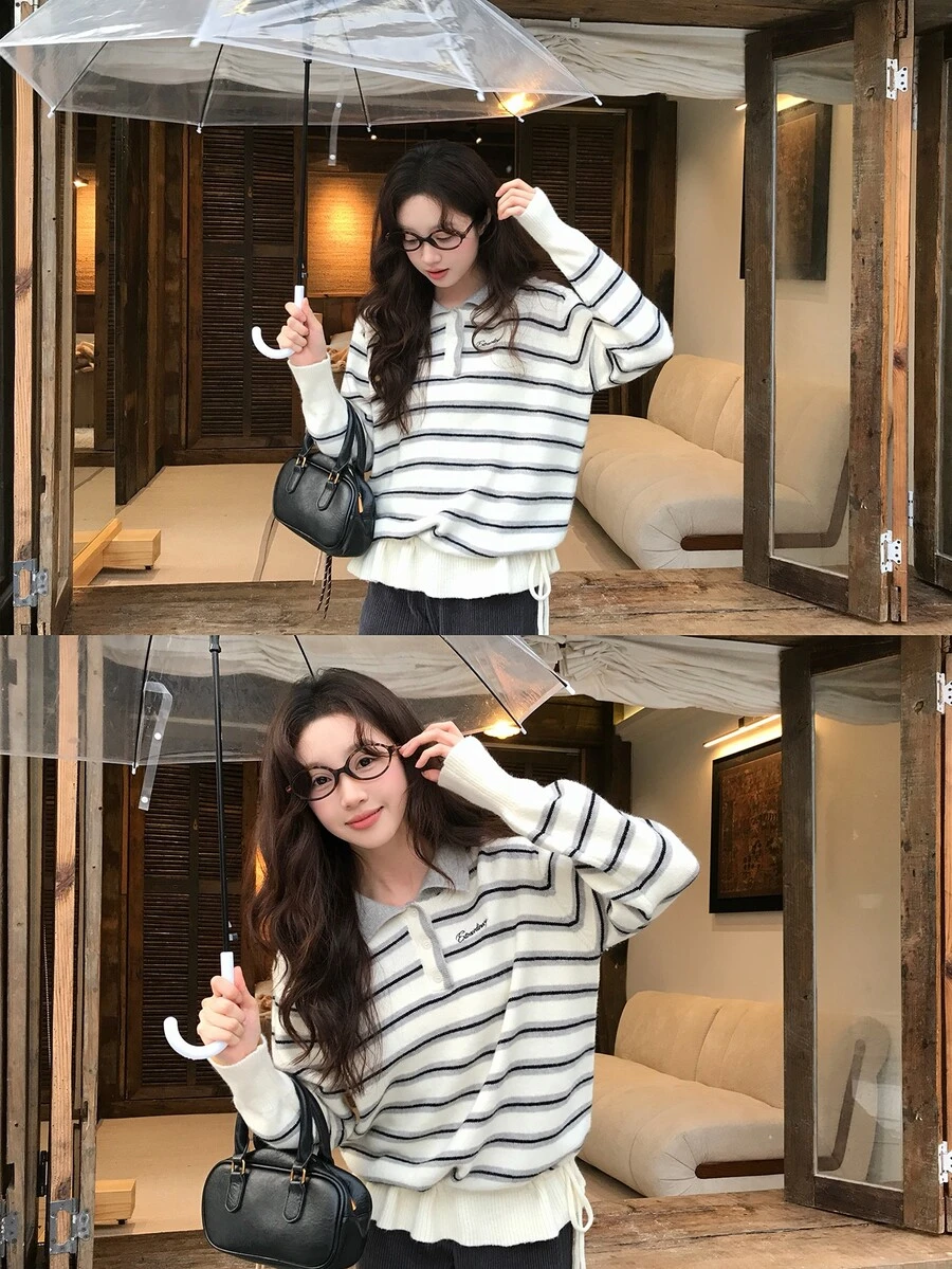 DAZY Sweater Wanita Berkerah Motif Garis Lengan Panjang Gaya Korea untuk Musim Gugur/Dingin - Light Grey - View 1