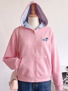 SHEIN Sparklyn 青少年女孩純色蝴蝶結裝飾袖子抓絨內裡運動衫外套返校風格 - 粉色 - 查看 3