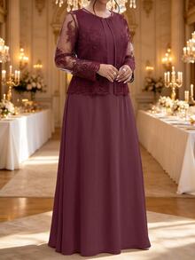 Fleurora Plus Size Women Solid Color Round Neck Wide Strap Waist-Cinching Maxi Dress With Floral Embroidered Lace Cardigan 2 Pieces Set - Purple - View 5