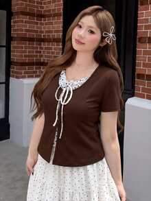 Bijouette Zanying Cherry Blossom Season Plus Size Brown Tone Minimalist Kawaii Casual Sexy 2 In 1 Top Contrast Color Frill Trim Patchwork Polka Dot Inner Design - Brown - View 4