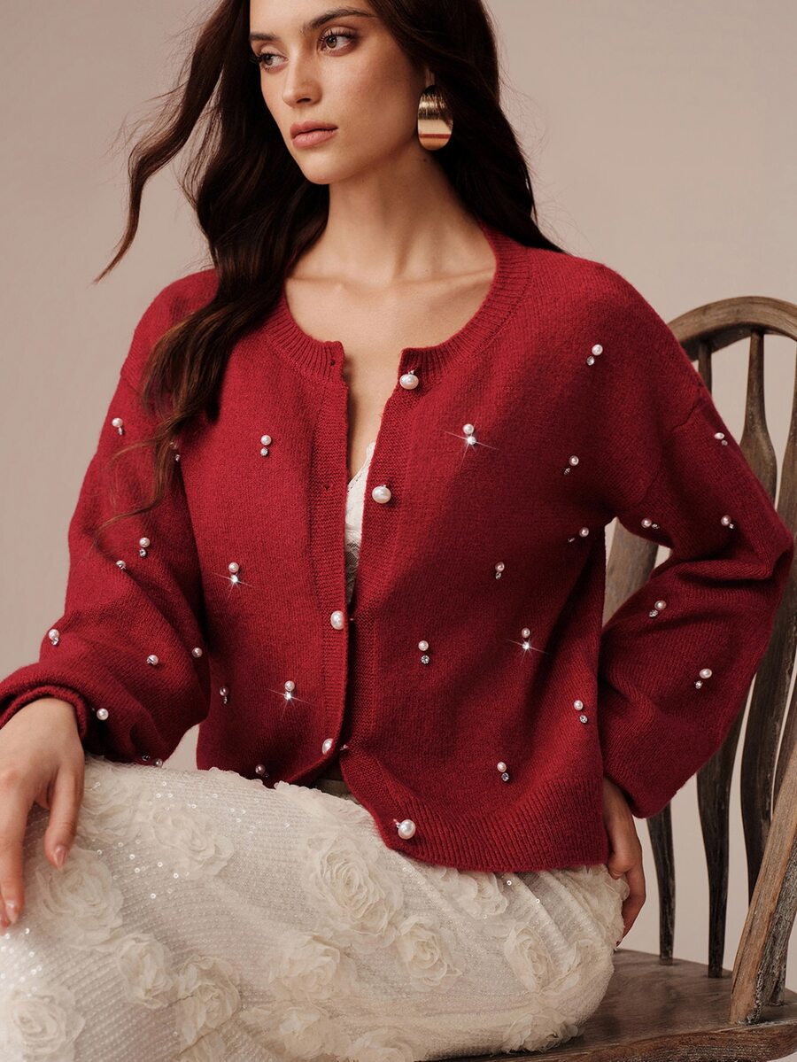 BELROSIE Fall Dark Red Solid Color Round Neck Lantern Sleeve 3D Pearl Embellished Cardigan With Pearl Buttons Women's Elegant Romantic Party Dinner Night
