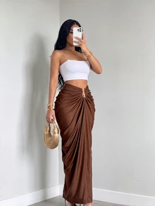 SOLERSUN 小碼女款高腰抓褶長裙,垂墜修身貼身長裙,顯身材收腰設計,打造高級時尚造型 - 咖啡棕 - 查看 5